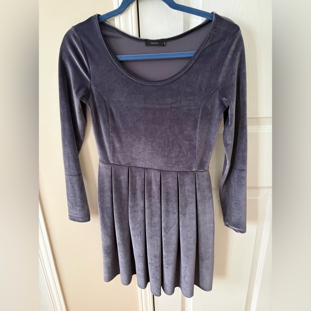 Aritzia Talula Purple Velvet Long Sleeve Pleated Fit & Flare Dress